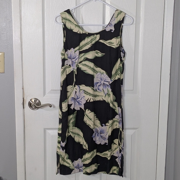Vintage Dresses & Skirts - Vintage 100% Silk‎ Tiki Classics Black Tropical Floral Hawiian Midi Dress Size 8